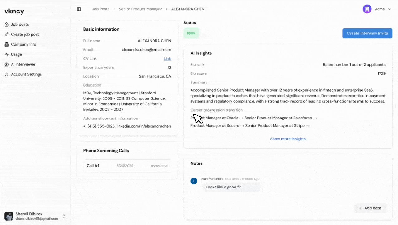 Candidate profile with AI summary and team collaboration notes