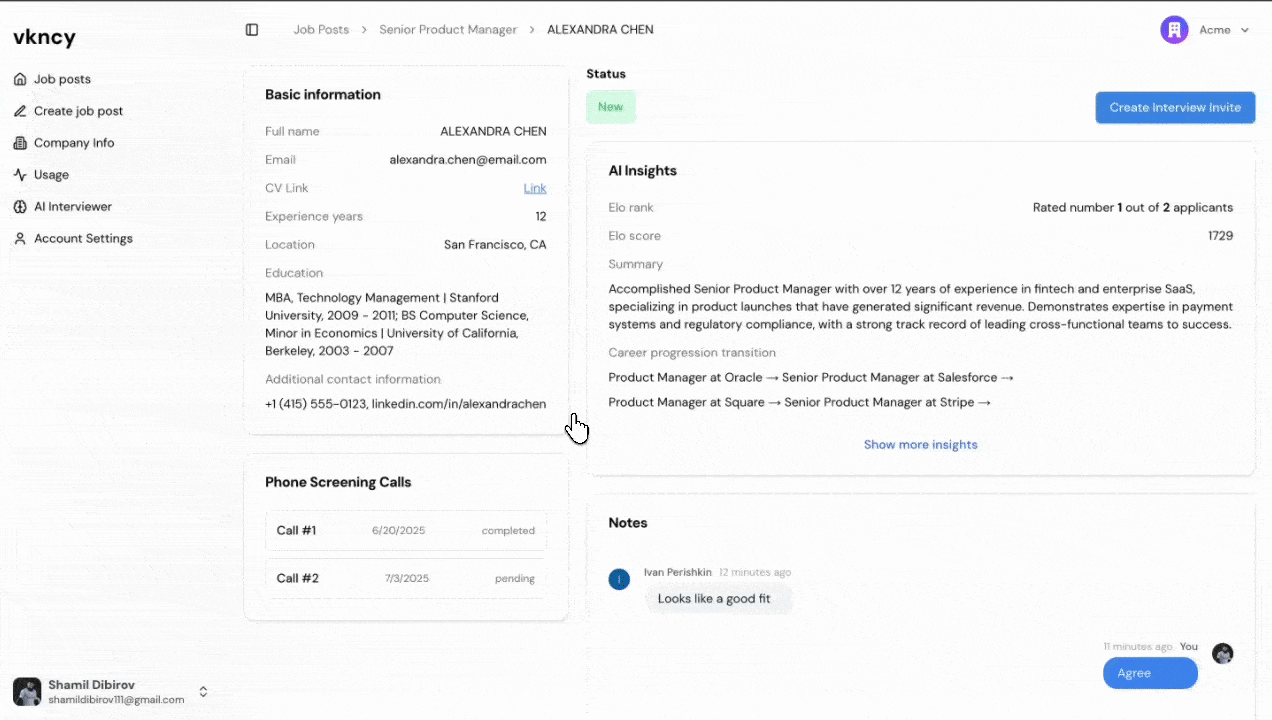 Post-interview analysis with transcript, recording, and AI evaluation