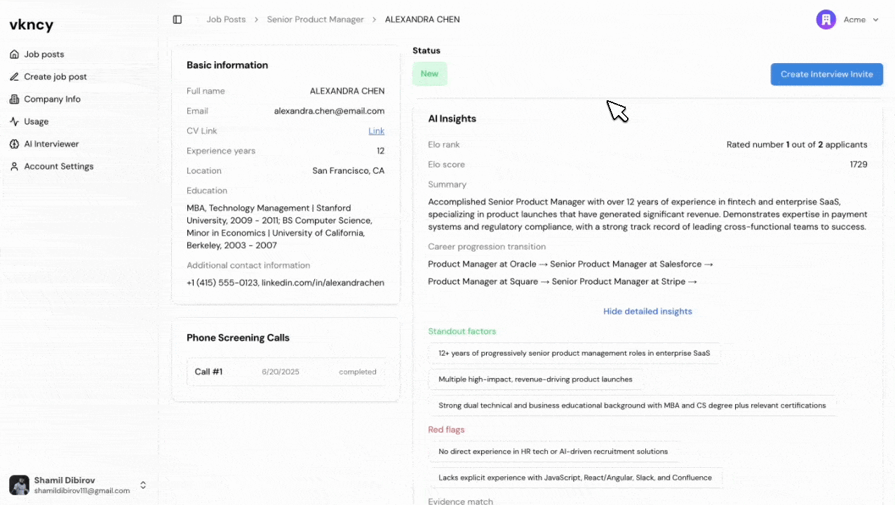 One-click interview invite flow with automated email